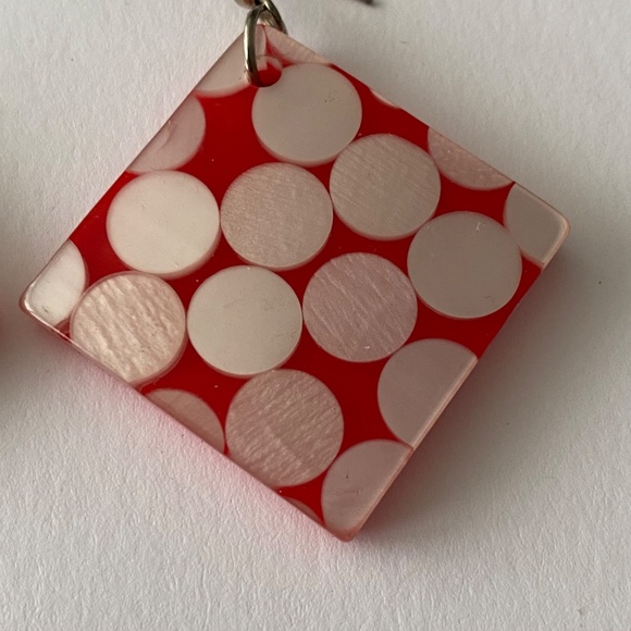 Vintage 80s red acrylic post-modern pop art dot drop dangle earrings - Picture 3 of 4